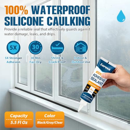 Silicone Sealant 100% Waterproof Silicone Caulk with Finishing Tool, 5.5oz Weatherproof, Flexible, Strong Adhesion Caulking for Automotive, Bathroom, Roof, Window, Kitchen & More (Clear) - color: Clear