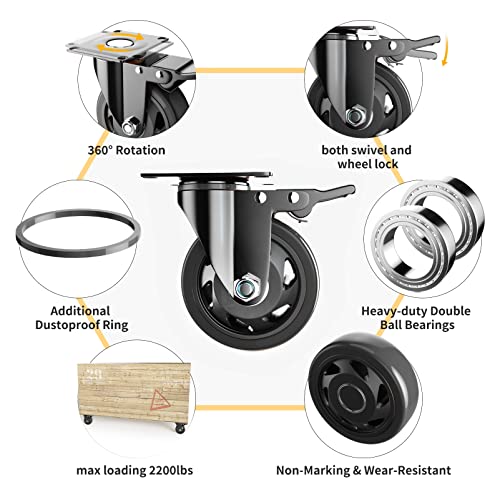 YUPEZOP 4 Inch Caster Wheels, Heavy Duty Casters Set of 4 with Brake - color: Black, size: 4 Inch