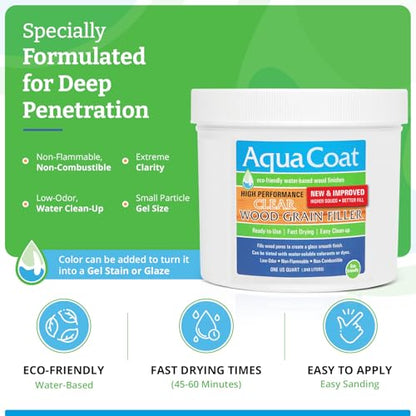 Aqua Coat New and Improved High Performance Eco-Friendly Water-Based Clear Wood Grain Filler Gel, Easily Sandable, Stainable, Paintable, Water Cleanup, Low Odor, Low VOC, Fast Drying, 32 oz - size: Quart