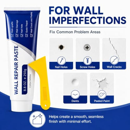 Efficient Drywall Repair Kit with Scraper, Wall Mending Agent White Spackle for Holes & Cracks, Fast Dry Wall Repair Paste for Dents, Tile Gap Filler, Complete Wall Repair Kit Indoor Outdoor (2PC)