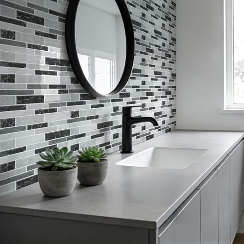 Vieshful Marble Peel and Stick Backsplash, 12 x 12 in, 10 Sheets - color: Black Grey Marble Mix, size: 10 Sheets
