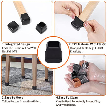 Ezprotekt 24 Pcs Chair Sliders for Carpet, Square Chair Glides for Carpet, Teflon Furniture Pads for Carpet, Chair Leg Protectors Caps for Carpet for Dining Table Chair, Black M (Fit: 0.75"-1") - size: M-Black