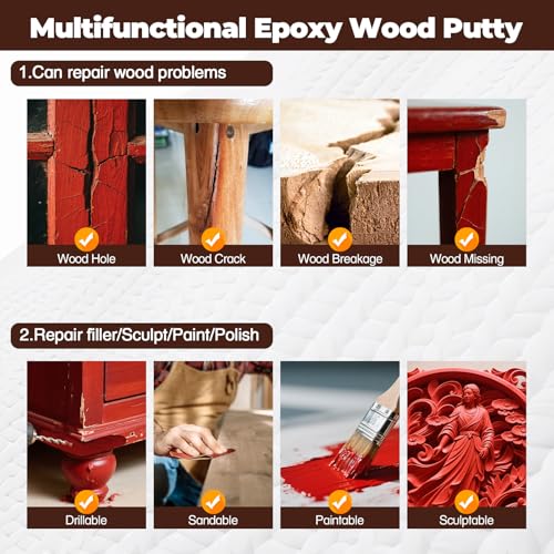 Epoxy Wood Filler - 16 oz Dark Red Epoxy Putty, 2 Part Wooden Putty for Wooden, Metal, Plastic, Glass, Ceramic Crack Repairing and Bonding, DIY Sculptures, Wood Filler Repair Kit