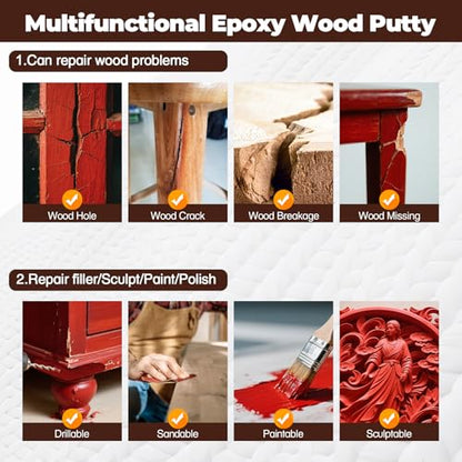 Epoxy Wood Filler - 16 oz Dark Red Epoxy Putty, 2 Part Wooden Putty for Wooden, Metal, Plastic, Glass, Ceramic Crack Repairing and Bonding, DIY Sculptures, Wood Filler Repair Kit