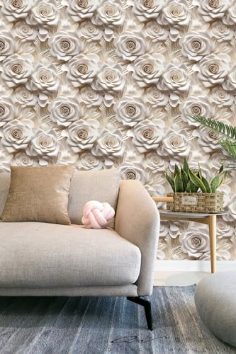Peel and Stick Wallpaper Beige Rose Floral Accent - color: Cream&Light Brown, size: 17.7" x 118"