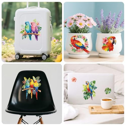 Peacoblue Parrot with Tropical Plants Rub On Transfers for Furniture 6"x12" - style: Parrot with Tropical Plants