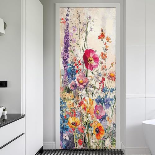 REDAMANCY Vintage Purple Pink Yellow Flowers Peel and Stick Door Stickers Vinyl 3D Door Mural Decals Decor Wallpaper Self-Adhesive, Waterproof, Removable - color: Mta-28