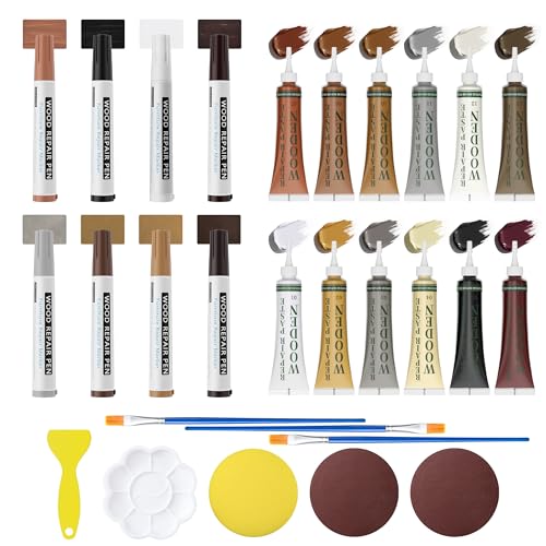 Wood Furniture Repair Kit- 12 Colors Wood Fillers and 8 Colors Furniture Touch Up Markers-Set of 28-Repair Hardwood/Laminate Scratches, Cracks, Holes for Door, Floor, Table, Cabinet