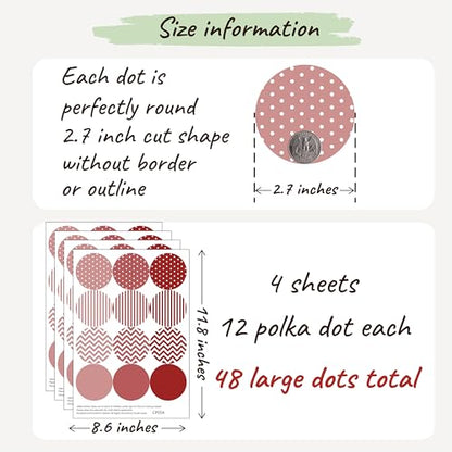 Boho Polka Dot Wall Sticker, 48 Removable and Repositionable Pattern Decals - Premium Fabric Material, Polka Dots, Stripes, Chevrons and Solid in 3 Shades of a Color (Red) - color: Red