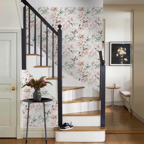 MuralPeel Neutral White/Pink/Green Romantic Rose Peony Peel and Stick Wallpaper Self Adhesive Removable Easy Peel Off Stick on Wall Paper for Bedroom Cabinet Renter - color: White Pink Rose, size: 17.7" x 118.1"