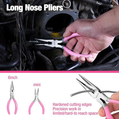 WORKPRO 7-piece Pliers Set, Pliers Tool Set with Comfort Grip - Pink Ribbon - color: Pink