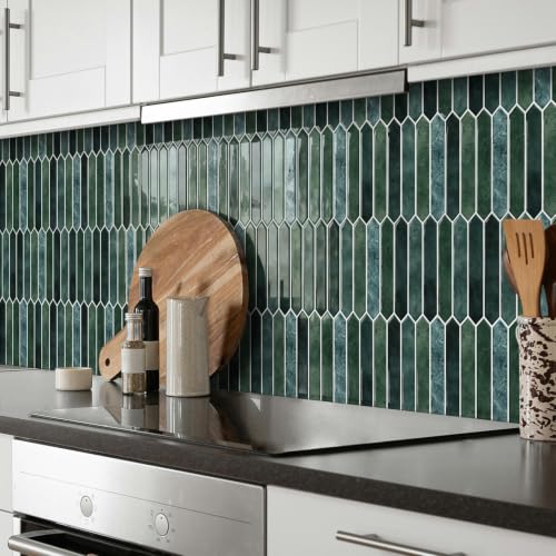 10 Sheet Long Hexagon Peel and Stick Backsplash Tile, 12"x12" 3D Adhesive Glossy Marble Vinyl Stick on Wall Tiles for Bathroom, Kitchen, Living Room (DarkGreen, 12" x 12") - color: Darkgreen
