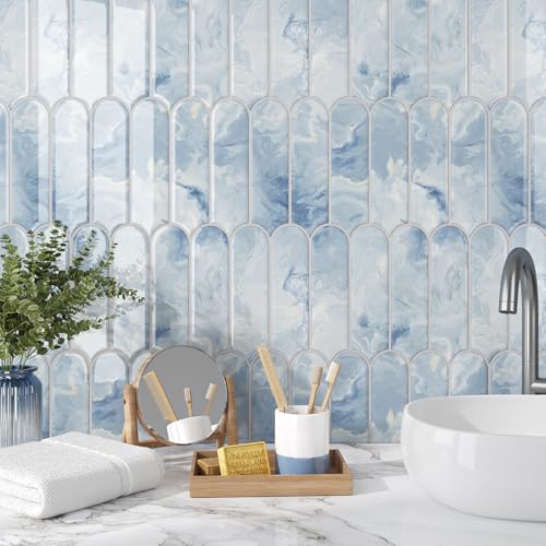 VEELIKE 6 Sheets Blue Kitchen Backsplash Tiles Peel and Stick Fish Scale Stick on Back Splash Tiles for Kitchen Bathroom Waterproof Blue Marble Tile Self Adhesive Backsplash Tile Stickers 12''x12'' - color: Blue, size: Box of 6 Tiles