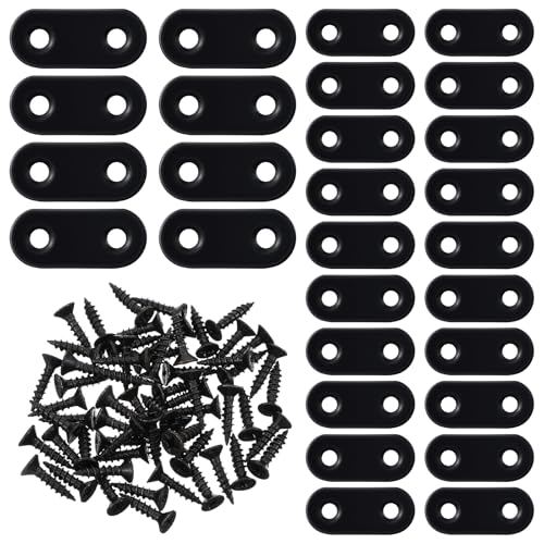 30 Pack Stainless Steel Straight Bracket Flat Straight Brace Flat Plate Straights Brackets Repair Mending Bracket Plate for Wood Furniture Metal Mending Joining Plates with Screws Black