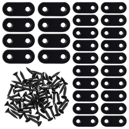 30 Pack Stainless Steel Straight Bracket Flat Straight Brace Flat Plate Straights Brackets Repair Mending Bracket Plate for Wood Furniture Metal Mending Joining Plates with Screws Black