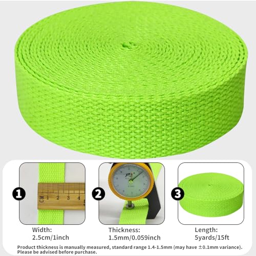 1 inch Cotton Webbing 5 Yards, Soft & Sturdy for Bag Handles - color: Neon Green 5116