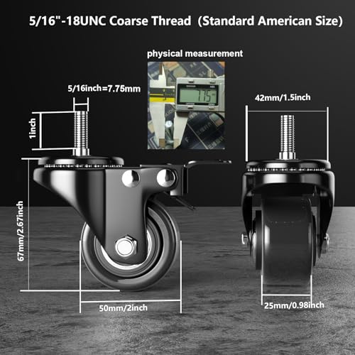 2 Inch Stem Casters 5/16"-18x1 Heavy Duty Threaded Caster Wheels Set of 4 - color: Black, size: 2in(5/16"-18)