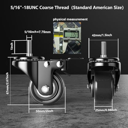2 Inch Stem Casters 5/16"-18x1 Heavy Duty Threaded Caster Wheels Set of 4 - color: Black, size: 2in(5/16"-18)