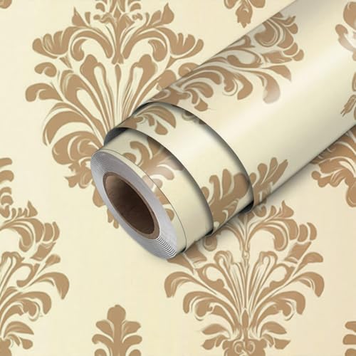 HOMETITUTE Beige Gold Damask Peel Stick Wallpaper 118.1x17.7 Inch Vinyl - color: Gold Damask on Beige Background