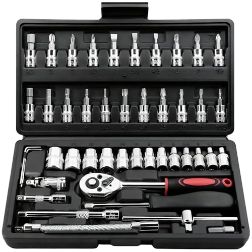 Egofine 46 Pieces 1/4 inch Drive Socket Ratchet Wrench Set, with Bit Socket Set Metric and Extension Bar for Auto Repairing and Household, with Black Storage Case - color: Black, size: 1/4" 46 PCS