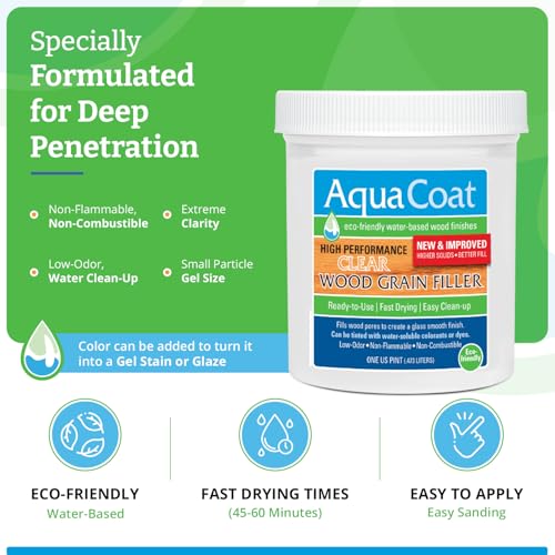 Aqua Coat New and Improved High Performance Eco-Friendly Water-Based Clear Wood Grain Filler Gel, Easily Sandable, Stainable, Paintable, Water Cleanup, Low Odor, Low VOC, Fast Drying, 16 oz - size: Pint