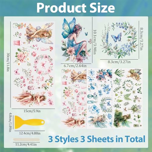 WANDIC 3 Sheets UV DTF Rub on Transfer Stickers, Fairy Elf Theme 3D Cup Warp Waterproof Decals for DIY Glass Water Bottle Furniture Crafts,15 * 30cm - color: Fairy Plants