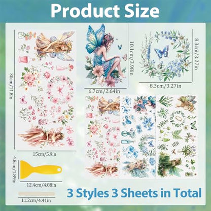 WANDIC 3 Sheets UV DTF Rub on Transfer Stickers, Fairy Elf Theme 3D Cup Warp Waterproof Decals for DIY Glass Water Bottle Furniture Crafts,15 * 30cm - color: Fairy Plants