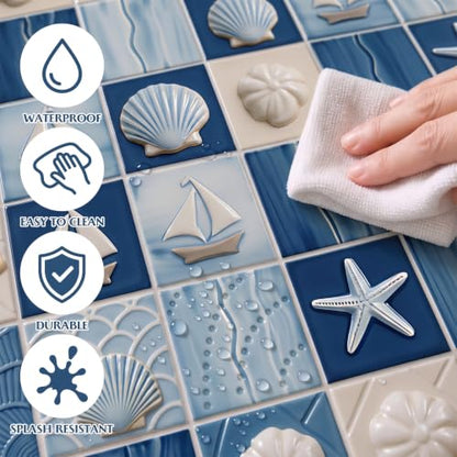 30 Pcs Coastal Peel and Stick Backsplash Tile Stickers 3.94" x 3.94" Self Adhesive Waterproof Vinyl Wall Tiles Stickers for Kitchen Backsplash Bathroom Stair Risers Laundry Room(Classic) - style: Classic