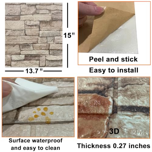 Yutianli 10PSC 3D Wall Panels Peel and Stick Faux Brick Wall Panels Self-Adhesive 3D Brick Wallpaper Foam Stone Wall Panel - color: Light Red, size: 10PCS