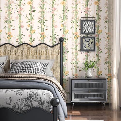BOKEBEVE Boho Floral Peel and Stick Wallpaper Beige Pink 17.5 x 118In - color: Beige/Pink, size: 17.5" x 118"
