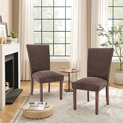 Parsons Dining Chairs Set of 2, Upholstered Nailhead Dining Room Kitchen Side Chair with Thick Cushions and Wood Legs, Brown - color: Brown, size: set of 2