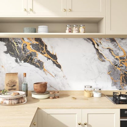 VEELIKE Extra Wide Black and White Marble Contact Paper with Gold Veins 32''x118'' Peel and Stick Countertops Waterproof Self Adhesive Vinyl Countertop Wrap Thick Marble Wallpaper for Kitchen Bathroom - size: 32" x 118"