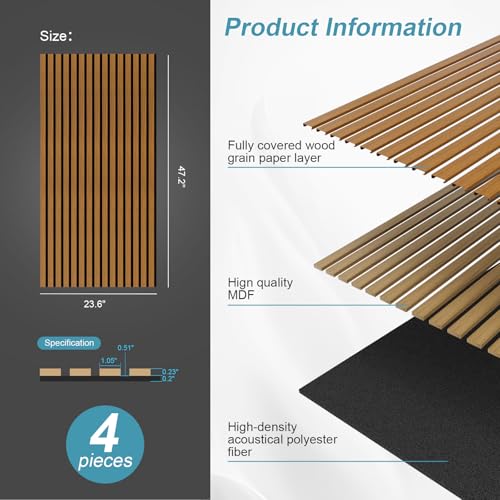 Wood Slat Acoustic Wall Panels, Teak, 4 Pack, 47.2 x 23.6 in - color: Teak, size: 4-Pack