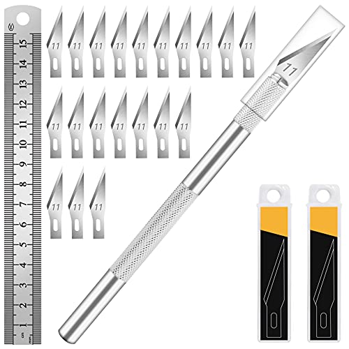DIYSELF Exacto Knife Set with 20#11 Blades, Aluminum Handle, 6-Inch Ruler - color: Silver-20pcs