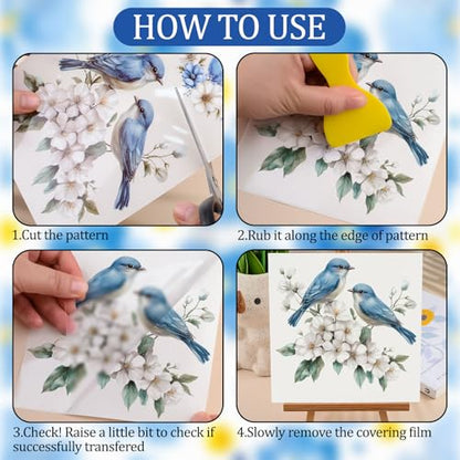 WANDIC 3 Sheets Rub On Transfer Stickers, Blue Flower Bird Pattern Waterproof Decals Furniture Craft for DIY Scrapbooking Photo Albums,15 * 30cm - color: Blue Flower