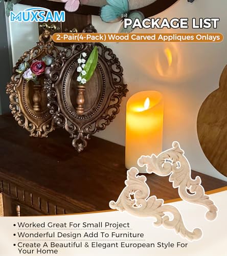 Wood Carved Appliques Onlays, 2-Pair Unpainted Small Wooden Carvings Decals - color: 4-pack