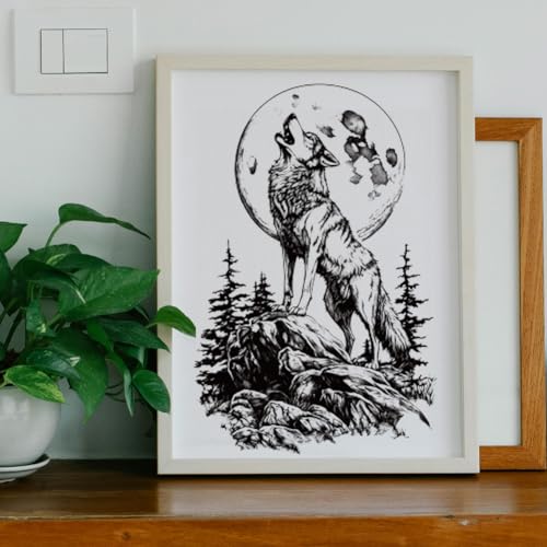 Peacoblue Howling Wolf Rub On Transfers for Furniture 6"x12" - style: Black and White Howling Wolf