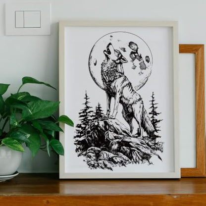 Peacoblue Howling Wolf Rub On Transfers for Furniture 6"x12" - style: Black and White Howling Wolf