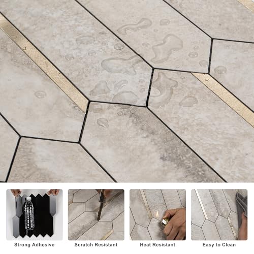 KASARO Peel and Stick Backsplash Long Hexagon Wall Tile, 10-Pieces, Beige - color: Beige