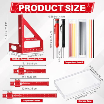 Relaxweex 32 Pack Woodworking Ruler Precision Metal Slide Rule 3D Multi-Angle Measuring Ruler Miter Triangle Rule and Mechanical Carpenter Pencils with Sharpener for Carpenters Craftsmen Builders