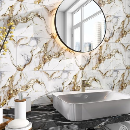 Marble Peel and Stick Backsplash 23.6 x11.8 in, 10PCS - color: White Gilding