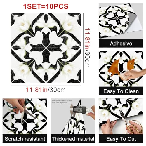 HOMETITUTE Black White Lily Peel Stick Floor Tile 12x12 Vinyl - color: Black and White