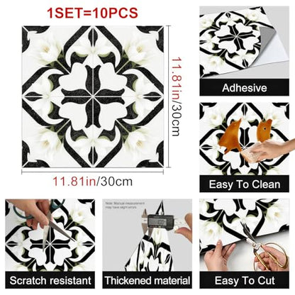 HOMETITUTE Black White Lily Peel Stick Floor Tile 12x12 Vinyl - color: Black and White