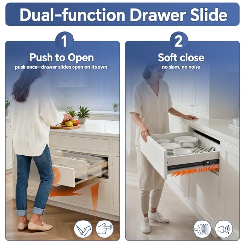 24 Inch Push to Open and Soft Close Drawer Slides,Full Extension,1 Pair - size: 24 Inch