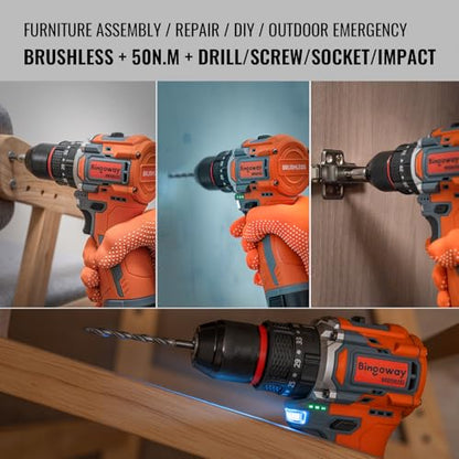 Brushless Cordless Drill Set, 16.8V 4-in-1 Electric Drill Driver with Impact Function, 50 N.m Power Drill Kit with 36 Accessories, 2 Batteries, Metal Chuck, 35 Torque Settings & Toolbox