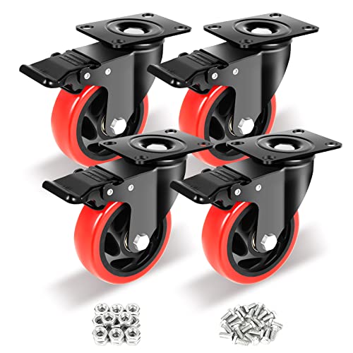 Nefish 4 Inch Industrial Caster Wheels with Brake, Casters Set of 4 Heavy Duty Grade Casters, Non-Marking Polyurethane Wheels, Workbench 1800 Lbs for Cart, Furniture, Shelving - size: 4 IN