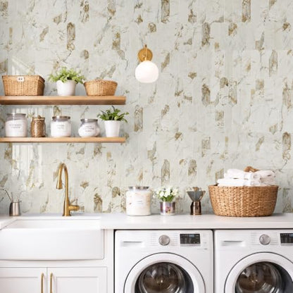 Vamos Tile Fish Scale Peel and Stick Backsplash Tile - color: Glossy Pandora Marble with Gold Veining