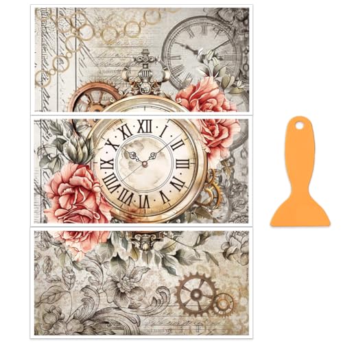 OLYCRAFT 3Pcs/Set Retro Clocks Rub on Transfers for Furniture and Craft 12x6 Inch Floral Furniture Decal Transfer Stickers Rub on Decal with 1pc Scraper for Scrapbook Window Home Decoration - style: Retro Clock