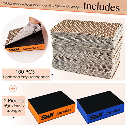 S&X Sanding Block Set, 100 Sheets + 2 Sponges, Mixed Grit - color: Grit 320/240/180/150/120/100/80/60, size: 100-Pack