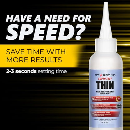 Starbond Super Fast Thin, Premium Instant CA (Cyanoacrylate Adhesive) Super Glue Plus Extra Cap and Microtips, (for Woodturning, Pen Turning, Hobby, Stabilizing, Finish, Inlay) (4 Ounce) - size: 4 ounce